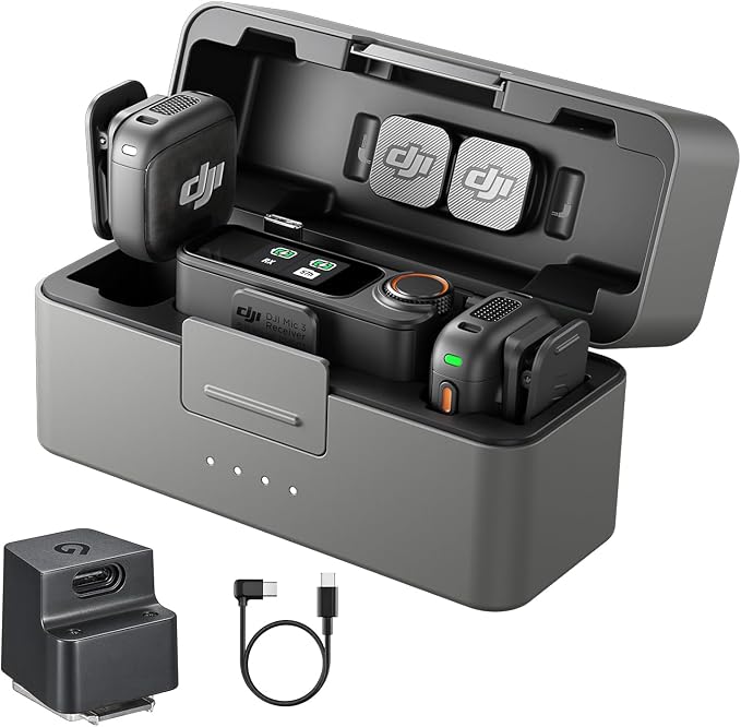 DJI Mic 3 (2TX+1RX+Charging Case), All in one Mic with Canon MI Hot Shoe | Wireless Mini Mic for iPhone/Camera/Android, Ultralight, Adaptive Gain Control, 28hrs Use, Vlog, Noise Cancelling