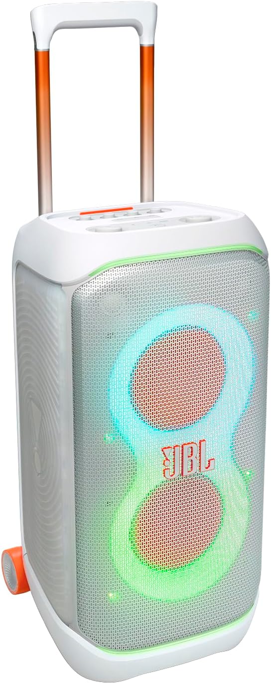 JBL PartyBox Stage 320 - Portable Speaker with Telescopic Handle & Wide, Sturdy Wheels, Powerful JBL Pro Sound, Futuristic lightshow, Up to 18 Hours of Play time, Splash Proof (White) (Renewed)