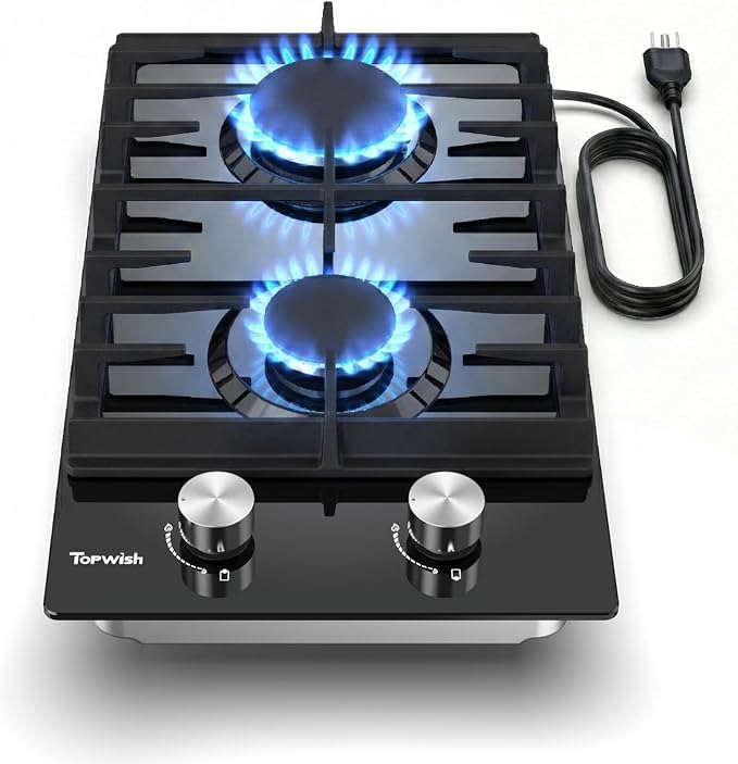 12 Inch Gas Cooktop, 2 Burner Propane Stove Black Tempered Glass