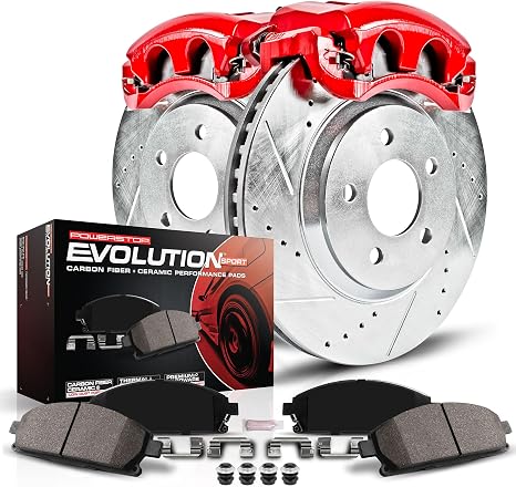 PowerStop Front Brake & Caliper Kit for Scion tC 2005-10 | Toyota Celica 2003-05 - Z23 Carbon-Fiber Ceramic Brake Pads + Drilled & Slotted Rotors + Red Powder Coated Calipers, KC2313