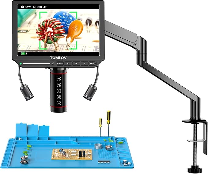 TOMLOV Autofocus 4K Digital Microscope, 8" TM4K-AF Flex Arm for Soldering | HDMI Micro Electronics Repair Scopes for Adults, 52MP IPS Screen, Full Coin View for Collectors, Repair Mat, LED Lights, 16G
