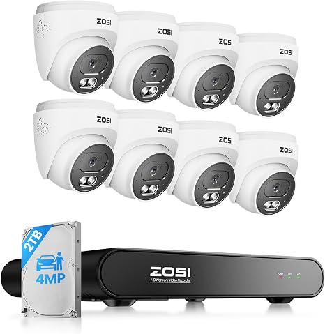 ZOSI C220 8CH 5MP NVR with 8 x 4MP Audio PoE CCTV Camera System, 2TB HDD | Two-Way Talk, AI Human/Vehicle Detection, Instant Alerts, 100ft Night Vision, IP66 Outdoor Indoor, 24/7 Record, Remote Access