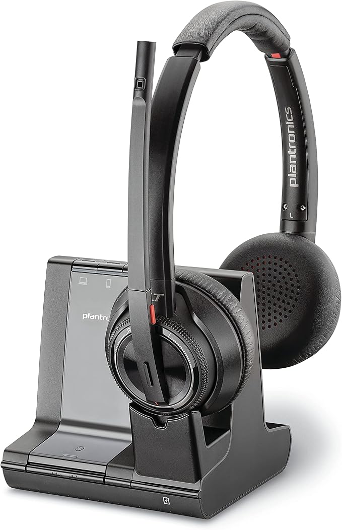 Plantronics - Savi 8220 Office Wireless DECT Headset (Poly) - Dual Ear (Stereo) - Compatible to connect to PC/Mac or to Cell Phone via Bluetooth - Works with Teams (Certified), Zoom,Black