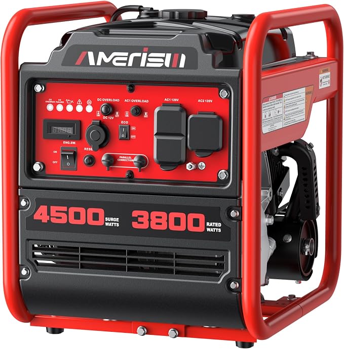 AMERISUN 4500W Open Frame Gas Inverter Generator, CO Alert, 30A RV Outlet