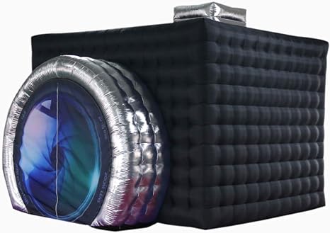 SAYOK Inflatable Photo Booth with Lights, Portable Camera Shaped Cube Tent | 11.5x9.2x8.2ft (Black&Silver Exterior/White Interior), Backdrop for Wedding Events, Parties, Exhibitions