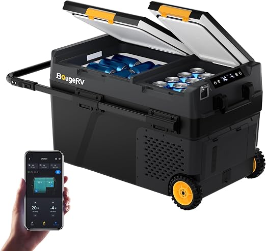 BougeRV 12V Refrigerator CRD2 V2.0 43QT, -4°F~68°F, Dual Zone Car Fridge | Dual Zone Cooling, Independent Temp Control, Optional 240 Wh Battery, Wheels and Telescopic Handle, Outdoor Camping Travel RV