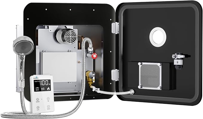 65,000 BTU RV Tankless Water Heater Propane 18x18 with Door, 3.9 GPM RV On Demand Water Heater, DC 12V, Anti-Freezing Protection, Instant RV Water Heater with Outdoor Shower