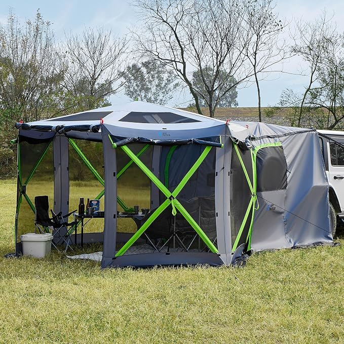 JOYTUTUS Dual-Use Pop up SUV Tent for Camping, 10FT x 10.5FT and 11FT x 11FT Big Space 2 Rooms Car Tent for Family, Outdoor Gazebo with 4 Sides Screen, 2 Doors, Portable Carry Bag