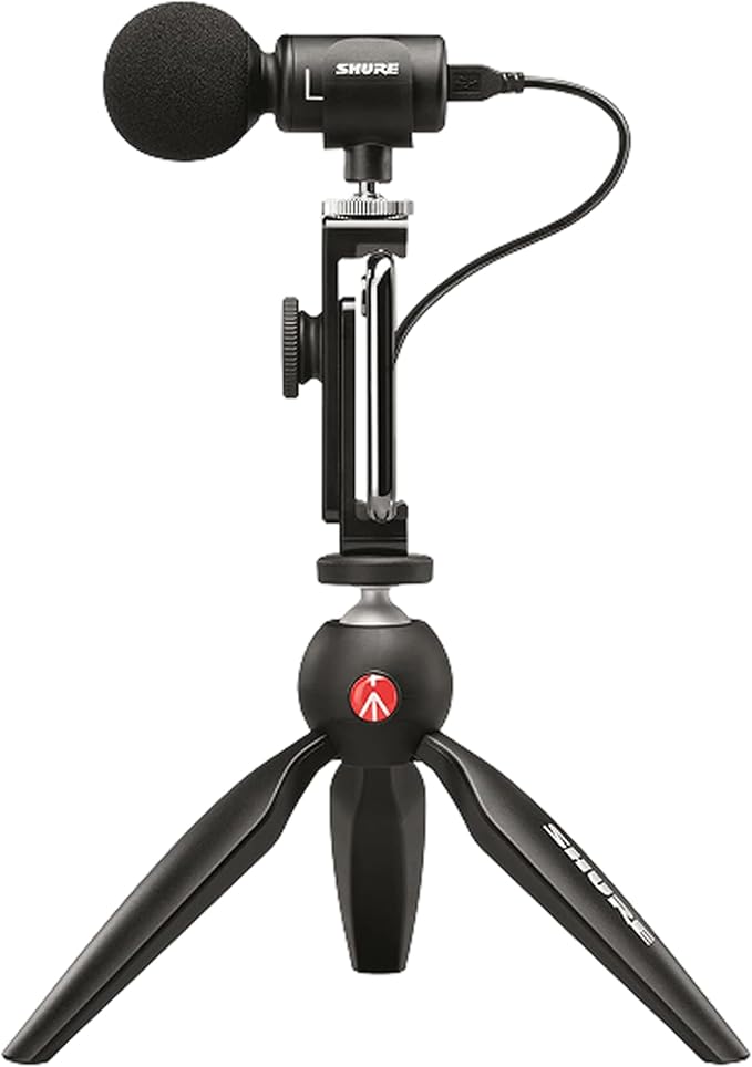 Shure MV88+ USB-C Video Kit Stereo Condenser Microphone | Stereo condenser mic for Apple and Android with Manfrotto PIXI tripod, phone clamp, and iOS and USB-C cables