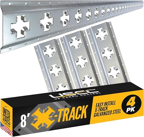 US Cargo Control X Track Rails (4-Pack), 8 FT Galvanized X-Track Rail for Trailers, Pickup Trucks, Garages, and Sheds - Use with E-Track Straps for Vertical and Horizontal Alignment
