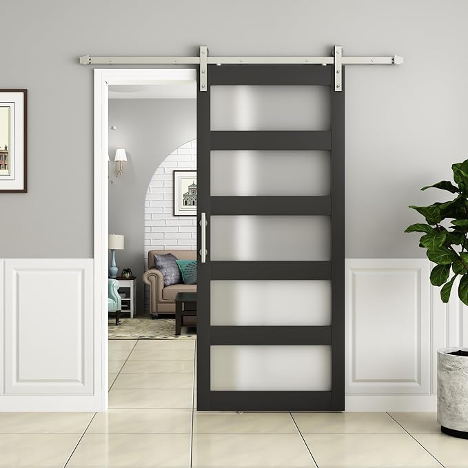 BARNSMITH 36in x 84in Glass Barn Door with 6.6FT Nickle Sliding Door Hardware Included, 5-Panel Frosted Glass Sliding Barn Door, Solid Wood Covered with Water-Proof PVC Surface, Easy Assembly, Black