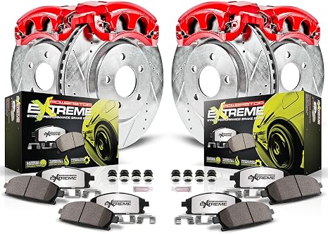PowerStop Front and Rear Brake Kit for Chevrolet Impala 2006-10 |Monte Carlo 2006-07 - Z26 Carbon-Fiber Ceramic Brake Pads + Drilled & Slotted Disc Rotors + Red-Powder Coated Calipers, KC1438-26