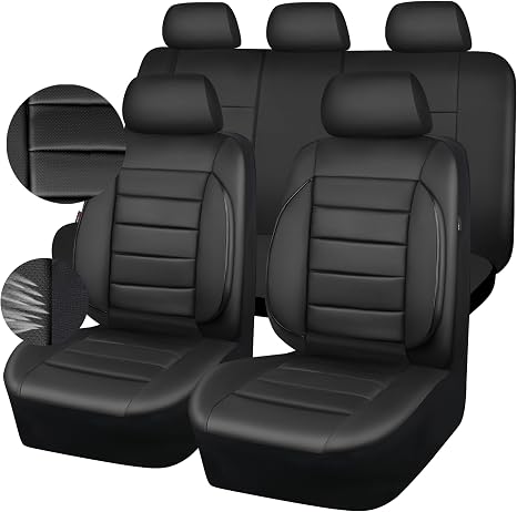 CAR PASS Leather Seat Covers Full Set Universal Water Resistant 3D Foam Back Support, Luxury Comfort Automotive 5 Seat Covers All Season Fit for SUV,Sedan,Van, Airbag Compatible Elegance(Pure Black)