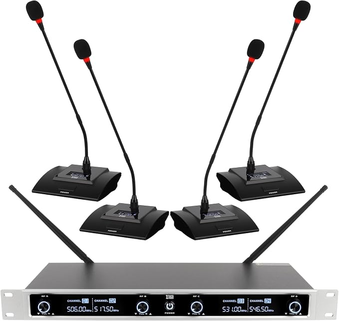 XTUGA 4 Channel Wireless Conference Microphone System,Gooseneck Mics(CM240) | 4x50 UHF Frequencies,Auto Scan,164FT Stable Range,Quad Channel Wireless Podium Microphone for Lecture/Church/Public Speaking