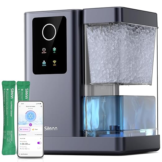 Silonn Nugget Ice Maker Countertop with App & Voice Control, 44lbs/24H Pebble Ice Machine, 3L Water Tank, Self Cleaning Sonic Ice Maker, Soft Chewable Ice for Home, Kitchen, Party