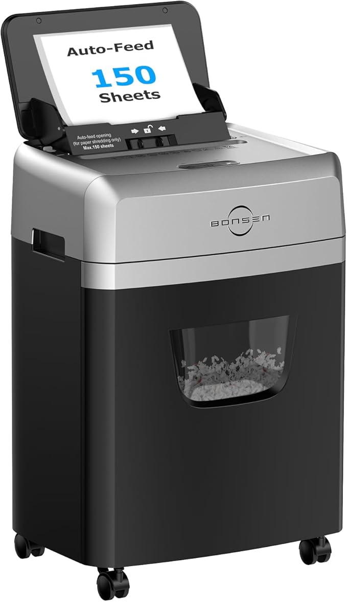 BONSEN 150-Sheet Autofeed Micro-Cut Heavy Duty Paper Shredder for Office | 60 Mins Non-Stop, P-4 High Security, Dual Auto & Manual Mode with Anti-Jam System, 6 Gal Large Bin with Casters S3114