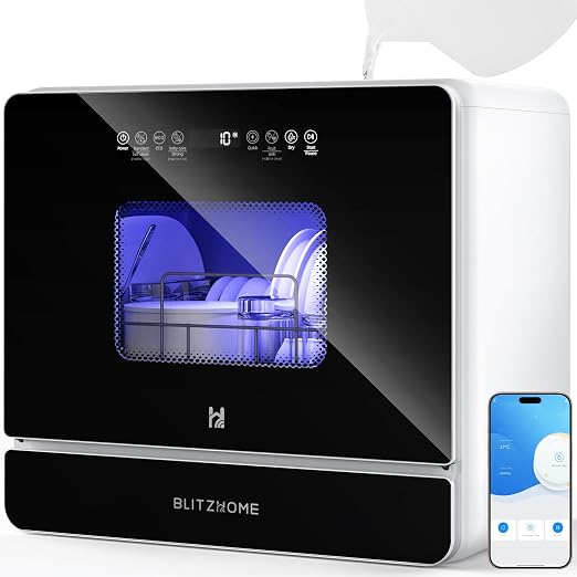 WiFi Countertop Portable Mini Dishwasher, Smart 9 Programs,167℉ High-Temp, Hot Air Drying, Air Refresh, 360° 3 Spray, 24H Timing, LED Light, 5.2L Built-in Water Tank for Apartments RVs