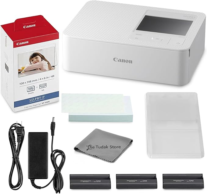 Canon Selphy CP1500 Photo Printer Bundle (White) with KP-108 Paper (108 Sheets) 3 Color Ink Cartridges & Tudak Cleaning Cloth – Wireless Compact Dye-Sub Printer Kit