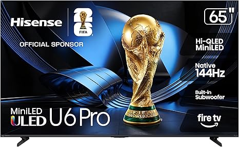 Hisense 65" U6 Pro Series Mini‑LED ULED 4K UHD HDR Gaming AI Smart Fire TV (65U6SF Pro, 2026 New) – Hi-QLED, Native 144Hz, Motion Rate 480, Dolby Vision IQ · Atmos, HDR10+, Glare-Free, Alexa+