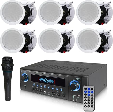 Technical Pro 1000 Watts Professional Home Theater Receiver System Kit | with Portable Microphone with Digital Processing and Remote 6, Qty of 5.25” Ceiling Wall Mount Framed Speakers