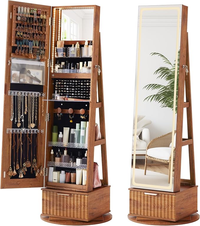 Joaxswe Fluted 360° Swivel Jewelry Armoire Standing with Full Length Mirror
