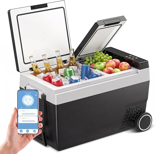 Feelfunn 12 Volt Refrigerator 55QT(52L), Dual-Zone Car Fridge Freezer with Wheels, -4°F to 68°F Electric Cooler with Fast Cooling & APP Control, 12/24V DC 100-240V AC for Camping RV Truck SUV, Black