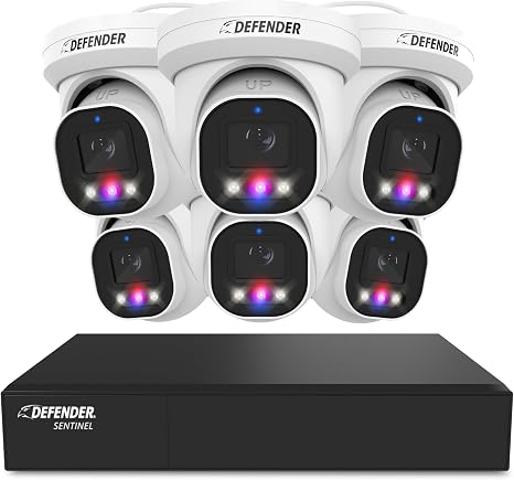 Defender AI Powered Sentinel Pro Turret 8CH NVR PoE Security Camera System, 6pc Metal Turret Cameras, 109° Wide Angle, IP66 Rated, Audio Recording, Web Viewing, 1TB HDD, Works w/Empower App