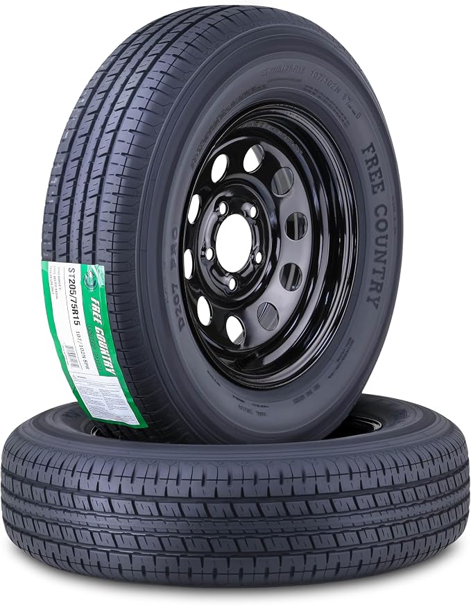 Free Country Trailer Tire Wheel ST205/75R15 8PR D 107N 5X4.5 Black Mod Pk2