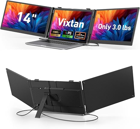 14" Triple Laptop Screen Extender, 3.0 lbs Lightweight FHD IPS Portable Monitor for Laptop, USB-C Plug & Play Multi Screen Attachment for 13-17.3" laptops with Windows/Mac/Chrome