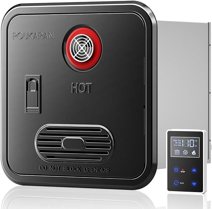 65,000 BTU RV Tankless Water Heater, DC 12V, 15x15 inch Black Door