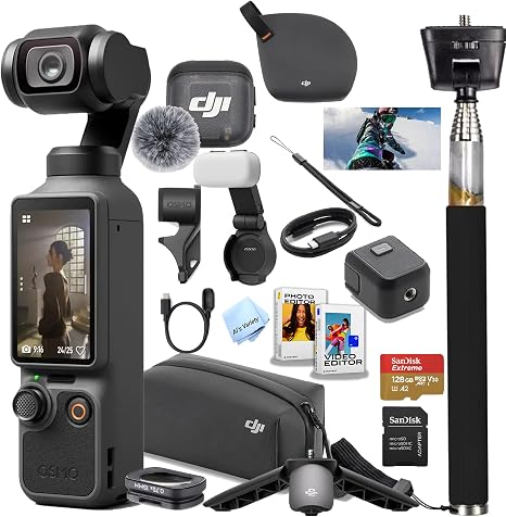 DJI Osmo Pocket 4 Creator Combo, Vlogging Cameras, 4K/240fps Vlog Camera, 3-Axis Stabilization, Active Track 7.0, Mic + Fill Light Included + 128GB Memory, + Selfie Stick + More