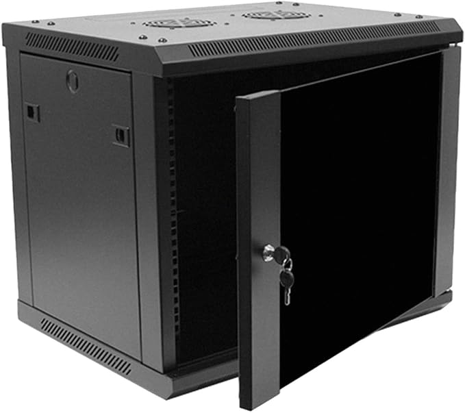 NavePoint 9U Server Rack Enclosure - 17.7” Deep, Wall Mount Network Cabinet with Locking Glass Door for 19” IT Equipment, Network Rack with 2 Fans, Removable Side Panels, Black