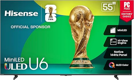 Hisense 55" Class U6 Series Mini-LED 4K UHD Smart Fire TV (55U65QF, 2025 Model) - QLED, Native 144Hz, HDR10+, Dolby Vision IQ, Dolby Atmos, Game Mode Pro, ALLM, Alexa Built in, Black