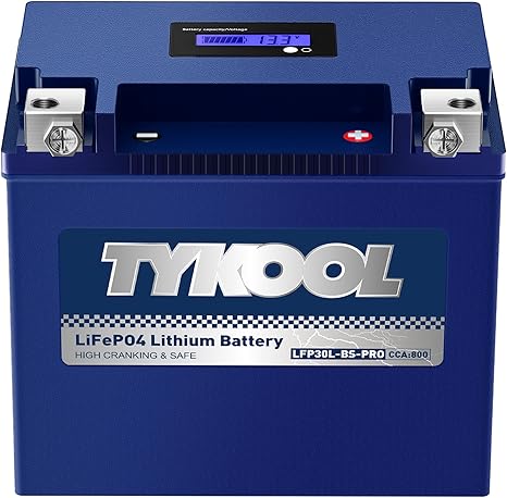 TYKOOL LFP30L-BS-PRO Lithium LiFePO4 Battery 18Ah 800CCA, LCD Readout IP66,Compatible with Harley Touring Road Glide Street Glide, Polaris RZR Ranger 1000, Can-Am Defender Maverick, Replaces YTX30L-BS