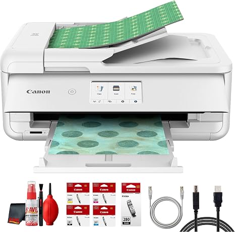 Canon Pixma TS9521Ca Wireless All-in-One Inkjet Printer for (White) Bundle | For Large Photo Prints, Presentations, Everyday Color Output + Printer Cable + Cleaning Kit (2988C052) (11pc Bundle)