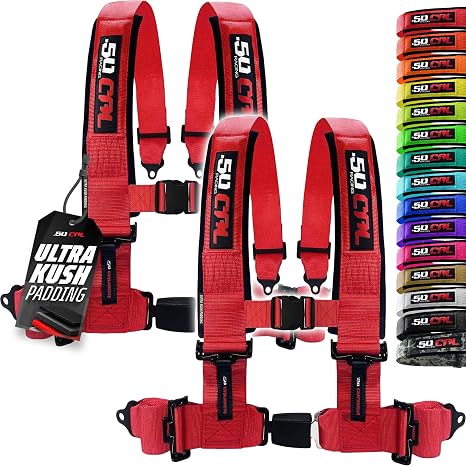 2pc 50 Cal Red 4 Point Harnesses 3 inch Straps, Racing Harness Seat Belt