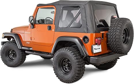 TACTIK Fabric Only Replacement Soft Top - Fits Jeep Wrangler TJ 1997-2006 - Custom-Fit Fabric Roof with Removable Side and Back Window Jeep TJ Soft Top Jeep TJ Top Cover (No Door Skins, Black Diamond)