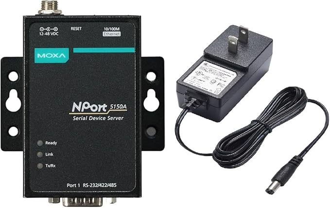 Moxa NPort 5150A with Adapter - 1 Port Device Server, 10/100BaseT(X) Ports, RS-232/422/485, DB9 Male, 12~48VDC