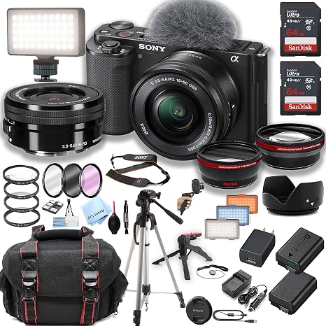 Sony ZV-E10 Mirrorless Camera with 16-50mm Lens + 2pcs 64GB Memory + LED Video Light + Case+ Tripod + Steady Grip Pod + Filters + Macro + 2X Lens + 2X Batteries + More (40pc Bundle) (Renewed)