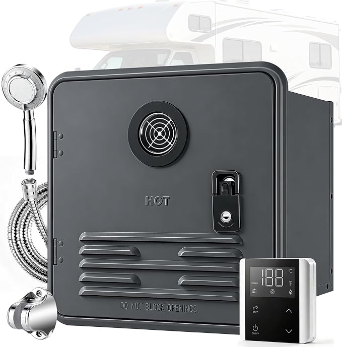 65000BTU RV Tankless Water Heater, Propane, 12V DC With Black Door