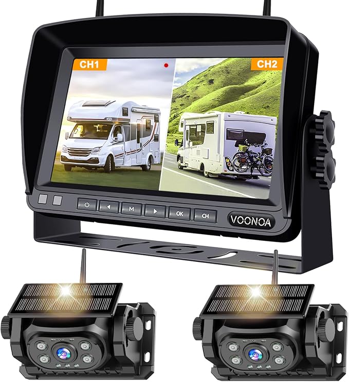 VOONOA 2 Magnetic Wireless Backup Camera with 7'' HD 1080P DVR Monitor System, 15000mAh Rechargeable Waterproof Dual Solar Reverse Camera for Hitch Towing Car Trailer Truck RV VN007