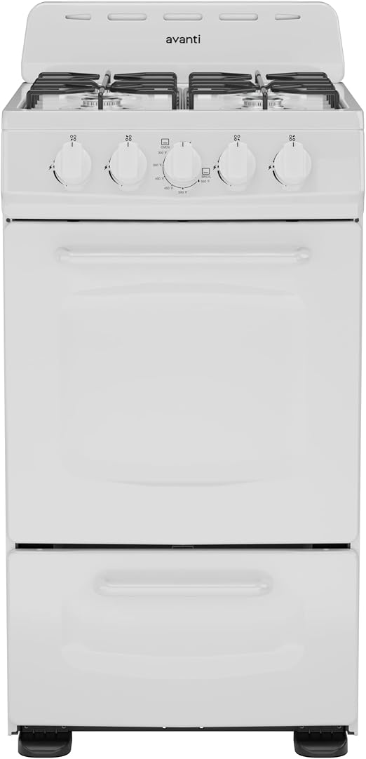 Avanti Gas Range Oven, Compact Freestanding Design, 4 Burners with Electronic Ignition, 2.1 Cu.Ft. Capacity Features Solid Door Storage Drawer Broiler and Accessories, 20-Inch, White