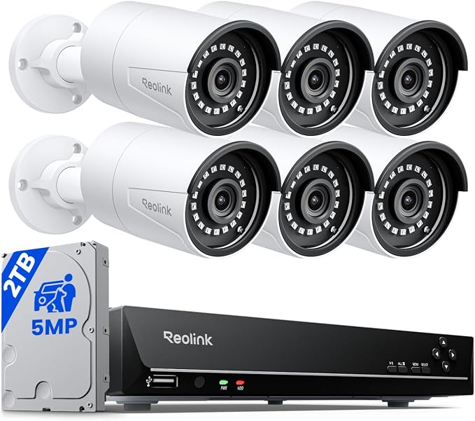 REOLINK 8CH 5MP Super HD Home Security Camera System RLK8-410B6-5MP | 6pcs 5MP Wired Outdoor PoE IP Cameras with Person/Vehicle/Pet Detection, 4K/8MP 8CH NVR with 2TB HDD for 24-7 Recording