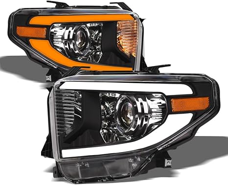 Switchback Sequential LED Strip Tube Bar Black Housing Projector Headlights Amber Reflector nb Compatible With 14-21 Toyota Tundra With Level Adjuster