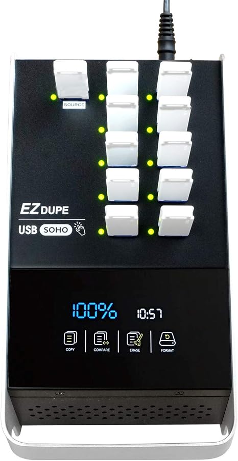 EZ Dupe SOHO Touch 1 to 10 USB Duplicator - Multiple USB 2.0/3.0/3.1 Thumb Drive Cloner Copier & Flash Media Eraser with Touchscreen Menu Function | Standalone USB 2.0 / 3.0 / 3.1 Flash Media Thumb Drive Copier - Compact portable travel size Cloner & Data