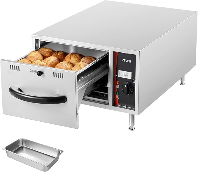 VEVOR Commercial Electric Drawer Warmer, Single-Drawer Stainless Steel Food Warmer, Freestanding Slim Warming Drawer Cabinet, 85°F–185°F Wide Temperature Range, for Restaurant, Hotel, Bakery & Kitchen