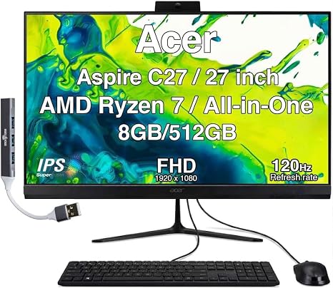 Acer Aspire C27 All-in-One Desktop, 27" IPS FHD, Ryzen 7 5825U | 8GB DDR5, 512GB PCIe SSD, Wired Keyboard and Mouse, Wi-Fi 6E, Bluetooth 5.3, Webcam, Windows 11 Home /w USB Hub