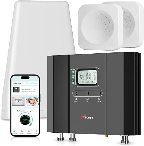 Hiboost Cell Phone Booster for Home Office and 2-Story, Professional 5G 4G Signal Booster Covering 12000 sq.ft, 2 Antennas for Multi-Room, Compatible with All Carriers, App Support & FCC Approved