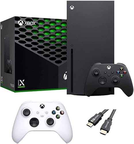X-Box Series X Gaming Console Bundle - 1TB SSD Black X-Box Console with Two Wireless Controllers -Black and White -and ahaghug Authorized HDMI Cable