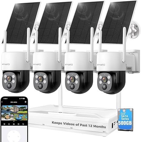 xmartO Solar Camera Outdoor Wireless, 4 PCs QHD 4MP PTZ AI Tracking Security Camera System with 4K 10CH Expandable WiFi NVR, All-Weather Solar Charge, 2-Way Audio, PIR Sensor, No Monthly Fee, 500GB